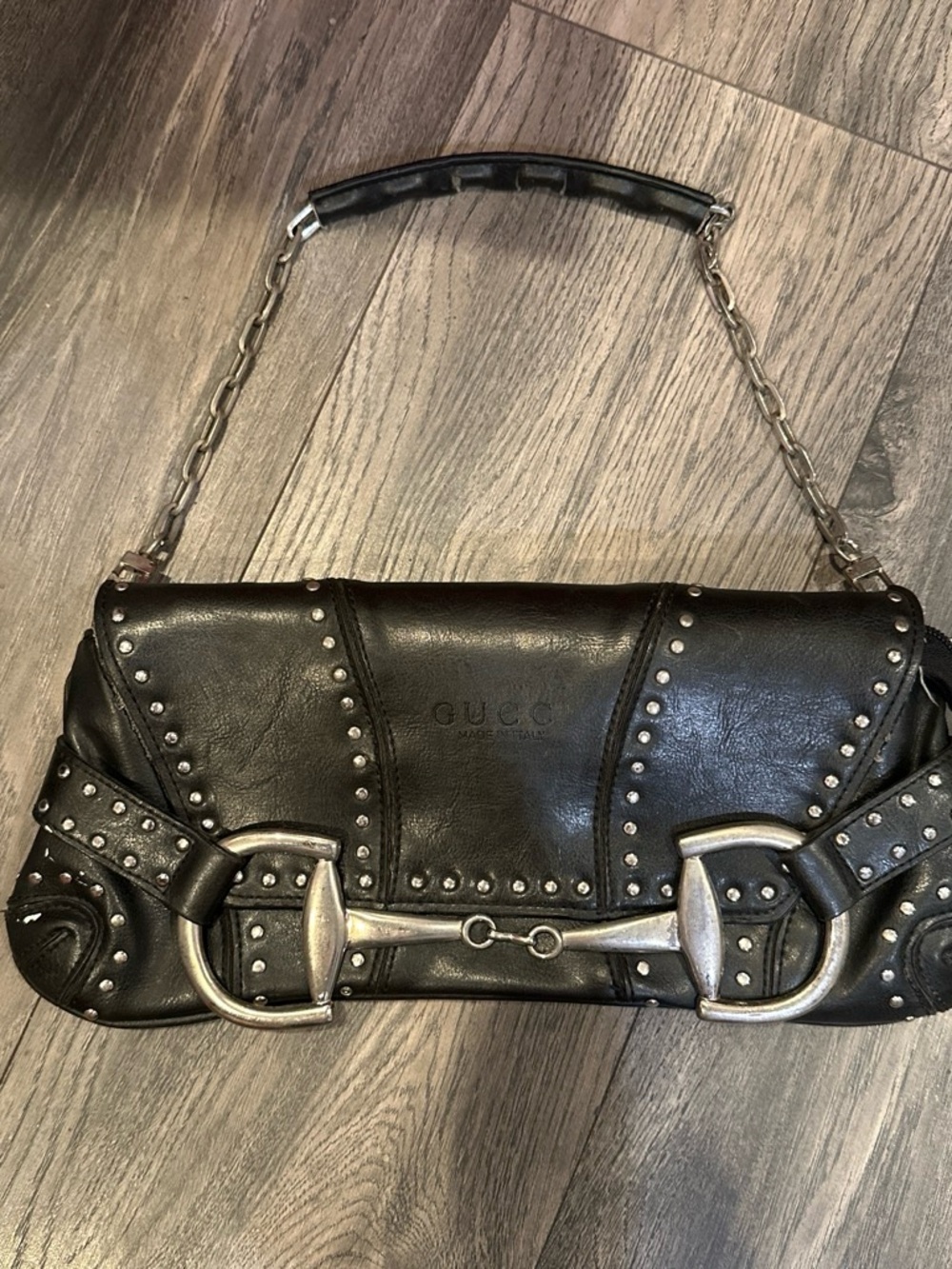 Rina Rich Black Leather Studded Shoulder Bag with Silver Hardware